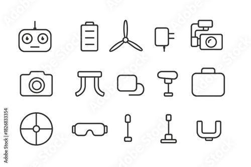 Drone Icons Set. Drone Accessories. Line icon set of Drone Accessories: controller, battery, propeller, gimbal, camera, landing gear, charger, carrying case,