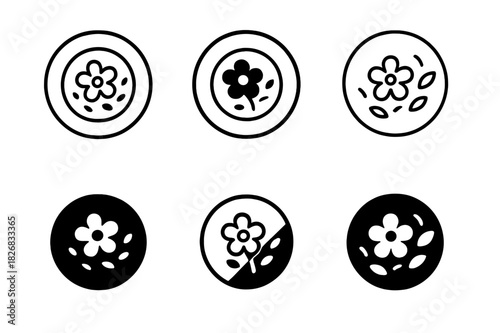 Edible Flower Logos. Cooking with edible flowers. Icon set. Set Logo of cooking with edible flowers: floral topping on dish. harmonious logo variations of the