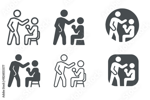 Personal Trainer Logos. A personal trainer demonstrating a workout move for a client. Icon set. Set Logo of a personal trainer demonstrating a workout move for
