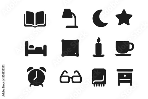 Bedtime Reading Icons. Bedtime reading. Solid icon set of bedtime reading: book, lamp, moon, star, bed, pillow, candle, cup, clock, glasses, blanket,