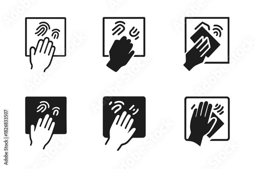 Fingerprint Cleaning Icons. Wiping fingerprints off glass. Icon set. Set Logo of wiping fingerprints off glass: hand with cloth cleaning smudged surface.