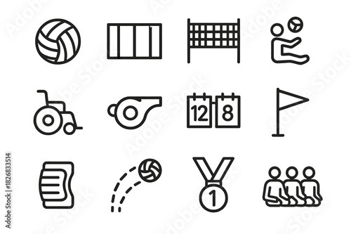 Sitting Volleyball Icons. Sitting volleyball. Line icon set of sitting volleyball: volleyball, court, net, athlete, wheelchair, referee whistle, scoreboard,
