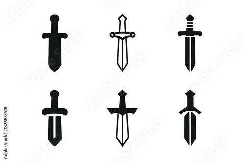 Sword Logo Variations. Sword props. Icon set. Set Logo of Sword props: Curved scimitar. harmonious logo variations of the same emblematic concept (Iconic