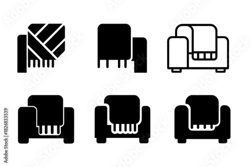 Throw Blanket Logos. Throw blanket fold. Icon set. Set Logo of throw blanket fold: blanket draped over armrest. harmonious logo variations of the