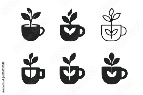 Work-Life Balance Icons. Preventing Burnout and Work-Life Balance. Icon set. Set Logo of Preventing Burnout and Work-Life Balance: plant growing from coffee