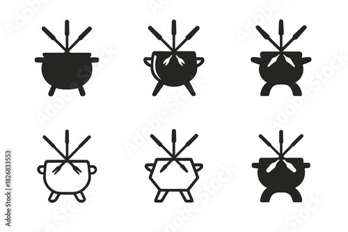 Fondue Logo Variations. Preparing a hot pot or fondue for a social meal with friends. Icon set. Set Logo of Preparing a hot pot or fondue for a social meal