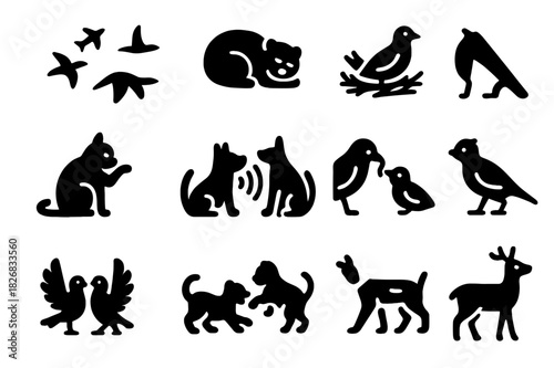 Animal Behavior Icons. Animal Behavior. Solid icon set of Animal Behavior: migration, hibernation, nesting, hunting, grooming, communication, feeding, mating