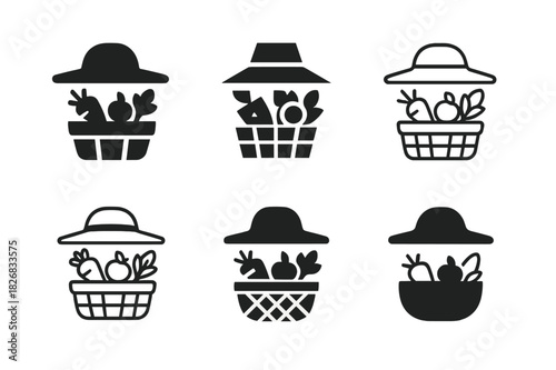 June Market Icons. June Farmer?s Market. Icon set. Set Logo of June Farmer?s Market: farmer hat and produce basket. harmonious logo variations of the same