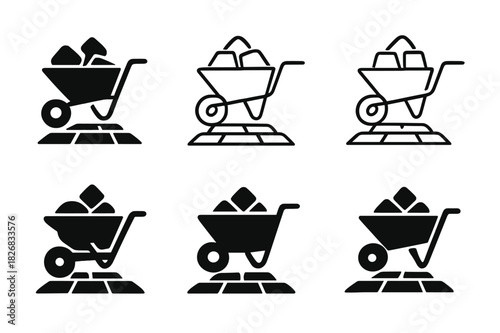 Stone Walkway Icons. Building a front walkway with stone. Icon set. Set Logo of building a front walkway with stone: wheelbarrow with paving stones. harmonious