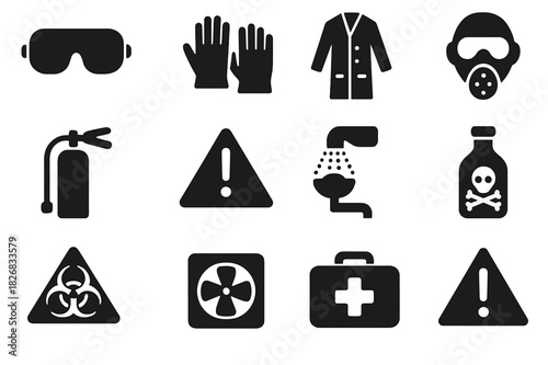 Lab Safety Icons. Lab safety. Solid icon set of Lab safety: safety goggles, gloves, lab coat, mask, fire extinguisher, warning sign, eye wash station, chemical