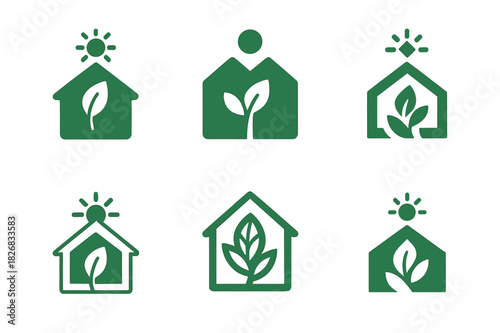 Greenhouse Logo Variations. Greenhouse farming. Icon set. Set Logo of greenhouse: greenhouse icon with eco symbols. harmonious logo variations of the same