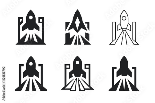 Futuristic Spacecraft Logo Variations. The launch of a spacecraft from a futuristic launch pad. Icon set. Set Logo of the launch of a spacecraft from a