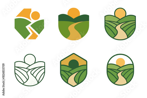 Rural Landscape Logos. Rural landscapes. Icon set. Set Logo of rural landscapes: Dirt path through fields. harmonious logo variations of the same emblematic