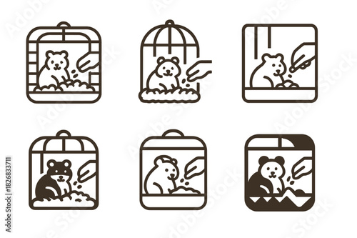 Hamster Care Emblems. Feeding a hamster in its cage. Icon set. Set Logo of hamster care: cozy cage environment. harmonious logo variations of the