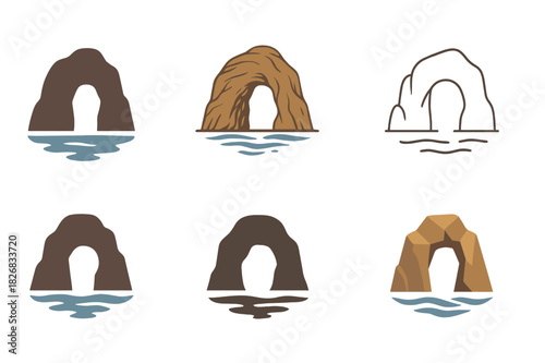 Rocky Cliff Logos. rocky cliffs. Icon set. Set Logo of rocky cliffs: sea cliff arch. harmonious logo variations of the same emblematic concept, each with