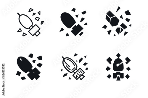 Space Debris Logos. space debris. Icon set. Set Logo of space debris: earth with orbiting fragments. harmonious logo variations of the same emblematic concept,