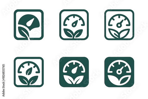 Carbon Footprint App Logos. Personal carbon footprint tracking apps. Icon set. Set Logo of personal carbon footprint tracking apps: dashboard with leaf and CO?