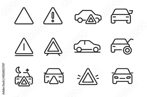 Emergency Icons Grid. Emergency triangle. Line icon set of emergency triangle: roadside triangle, hazard symbol, triangle with exclamation mark, car with