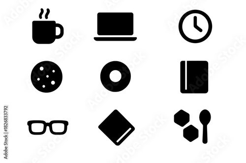 Coffee Break Essentials. Coffee break. Solid icon set of Coffee break: coffee mug, laptop, clock, cookie, donut, book, notepad, glasses, napkin, sugar cube,