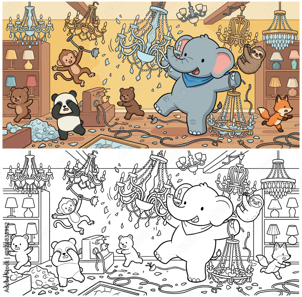 Naklejka premium Cute Kawaii Animals Making Chaos in Chandelier Store Coloring Page and Scene. Chibi Mascot Trouble.