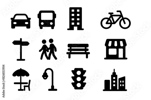 City Life Icons. City life scenes. Solid icon set of city life scenes: car, bus, building, bicycle, street sign, people crossing, park bench, store, cafe,