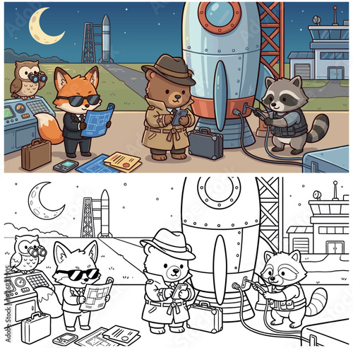 Cute Kawaii Animals Secret Agent Rocket Mission Coloring Page and Scene. Chibi Mascot Spies.