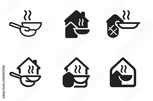 Home Cooking Icons. Home cooking. Icon set. Set Logo of home cooking: open recipe book beside spice jars. harmonious logo variations of the same emblematic