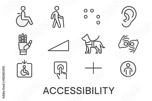 Accessibility Icons Grid. Accessibility. Line icon set of accessibility: wheelchair, walking cane, braille, hearing aid, prosthetic hand, ramp, assistance dog,