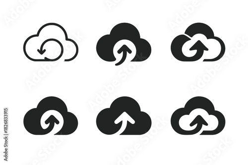 Cloud Storage Icons. Cloud storage. Icon set. Set Logo of cloud storage: cloud with arrow sync. harmonious logo variations of the same emblematic concept, each