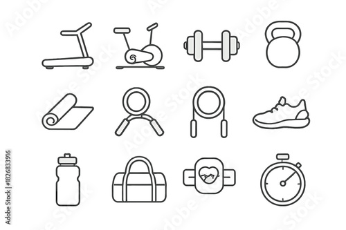 Fitness Icon Set. Health & Fitness. Line icon set of Health & Fitness: treadmill, stationary bike, dumbbell, kettlebell, yoga mat, resistance band, jump rope,