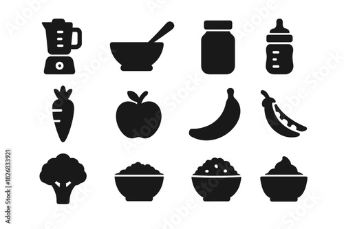 Baby Food Icons. Baby food preparation. Solid icon set of Baby food preparation: blender, baby bowl, spoon, jar, bottle, carrot, apple, banana, peas, broccoli,