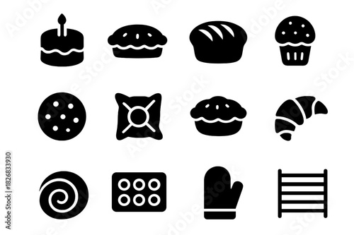 Baked Goods Icons. Baked goods. Solid icon set of Baked goods: cake, pie, bread, muffin, cookie, pastry, tart, croissant, roll, oven tray, oven mitt, rack.
