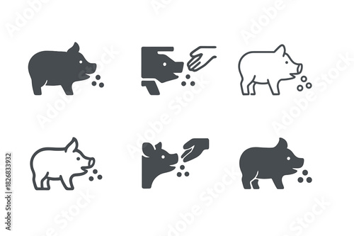 Farming Animal Logos. farming animals in action. Icon set. Set Logo of farming animals in action: pig being fed. harmonious logo variations of the same