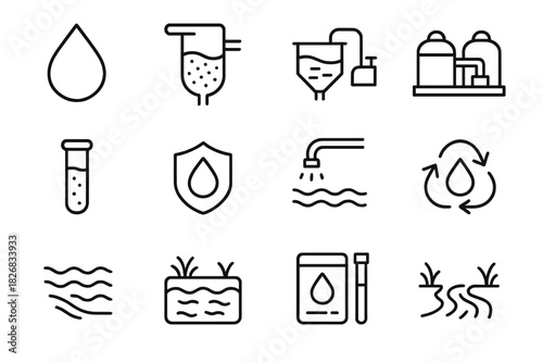 Water Reclamation Icons. Water reclamation. Line icon set of water reclamation: clean water drop, filtration icon, sedimentation tank, treatment facility, test
