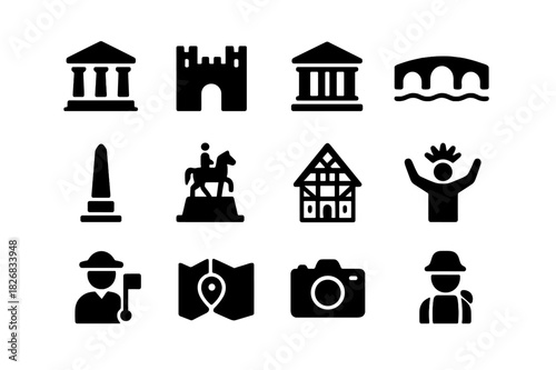 Historic Tourism Icons. Historic tourism. Solid icon set of Historic tourism: ancient temple, castle, museum, historic bridge, monument, statue, traditional