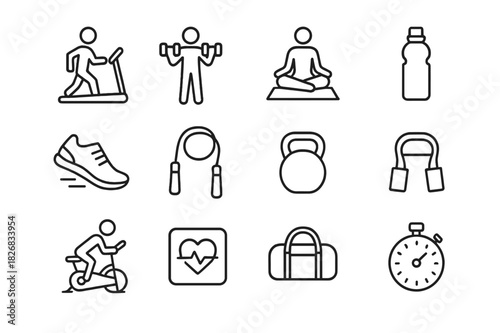 Fitness Icon Set. Health-Conscious Individuals Engaging in Fitness Activities. Line icon set of Health-Conscious Individuals Engaging in Fitness Activities: