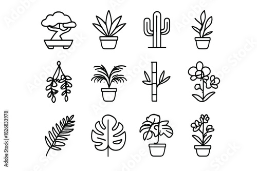 Minimal Plant Icons. Plants and greenery. Line icon set of plants and greenery: bonsai tree, tropical plant, cactus, hanging plant, potted palm, bamboo stalk,