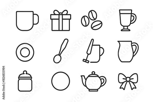 Coffee Gift Icons. Coffee gift set. Line icon set of Coffee gift set: coffee mug, gift box, coffee beans, latte glass, saucer, spoon, frother, milk jug, sugar