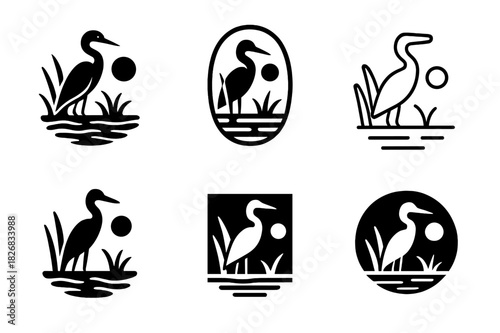 Marshland Logo Variations. Waterfront habitats and marshlands. Icon set. Set Logo of waterfront habitats and marshlands: wetland wildlife view. harmonious logo