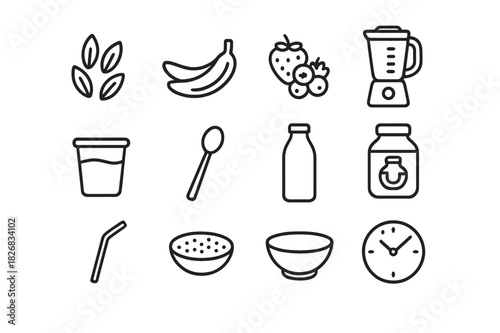Breakfast Smoothie Icons. Breakfast smoothies. Line icon set of breakfast smoothies: oats, banana, berries, blender, yogurt cup, spoon, milk bottle, honey jar,