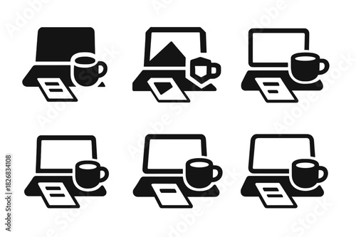 Home Office Creativity Icons. Working on a creative project from home. Icon set. Set Logo of working on a creative project from home: Laptop with coffee cup