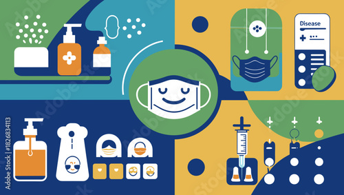 Health and hygiene-themed illustration featuring medical supplies, masks, and cleaning products