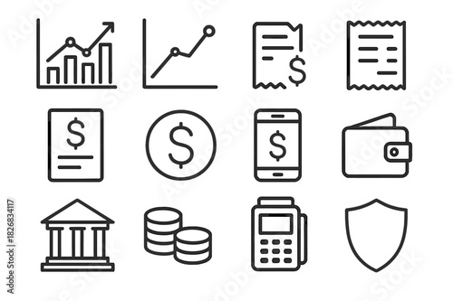 Payment Analytics Icons. Payment analytics. Line icon set of payment analytics: chart, graph, credit card, receipt, invoice, dollar sign, mobile phone, wallet,
