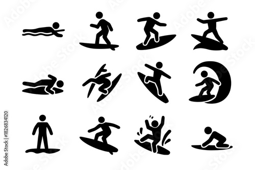 Surfing Icon Set. Surfing techniques. Solid icon set of Surfing techniques: paddling, standing up, turning, carving, duck dive, cutback, aerial, tube ride,