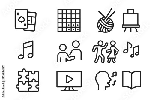 Leisure Activity Icons. Leisure and entertainment. Line icon set of Leisure and entertainment: card game, chess board, bingo, painting easel, knitting, music