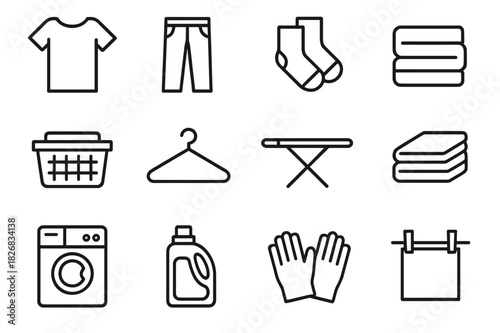 Clothes Folding Icons. Clothes Folding Set. Line icon set of Clothes Folding Set: t-shirt, pants, socks, towel, laundry basket, hanger, ironing board, folded