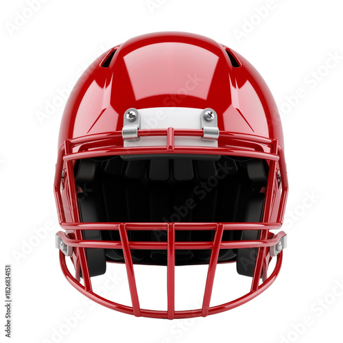 Glossy Red Football Helmet in Head-On View Against White Background  Reflective Crimson Shell, Matching Faceguard, Silver Fasteners, and Ventilation Details Convey Strength, Team Identity, and Readin