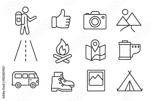 Alternative Travel Icons. Alternative travel photography. Line icon set of Alternative travel photography: hitchhiker with backpack, roadside thumb gesture,