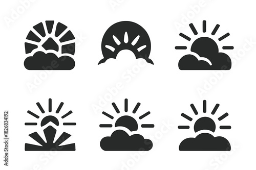 Sunlight Logo Variations. Light through clouds. Icon set. Set Logo of light through clouds: sun rays over horizon. harmonious logo variations of the same