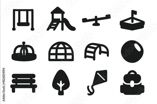 Playground Icons Set. Playtime Icons. Solid icon set of swing, slide, seesaw, sandbox, merry-go-round, jungle gym, climbing frame, ball, bench, tree, kite,